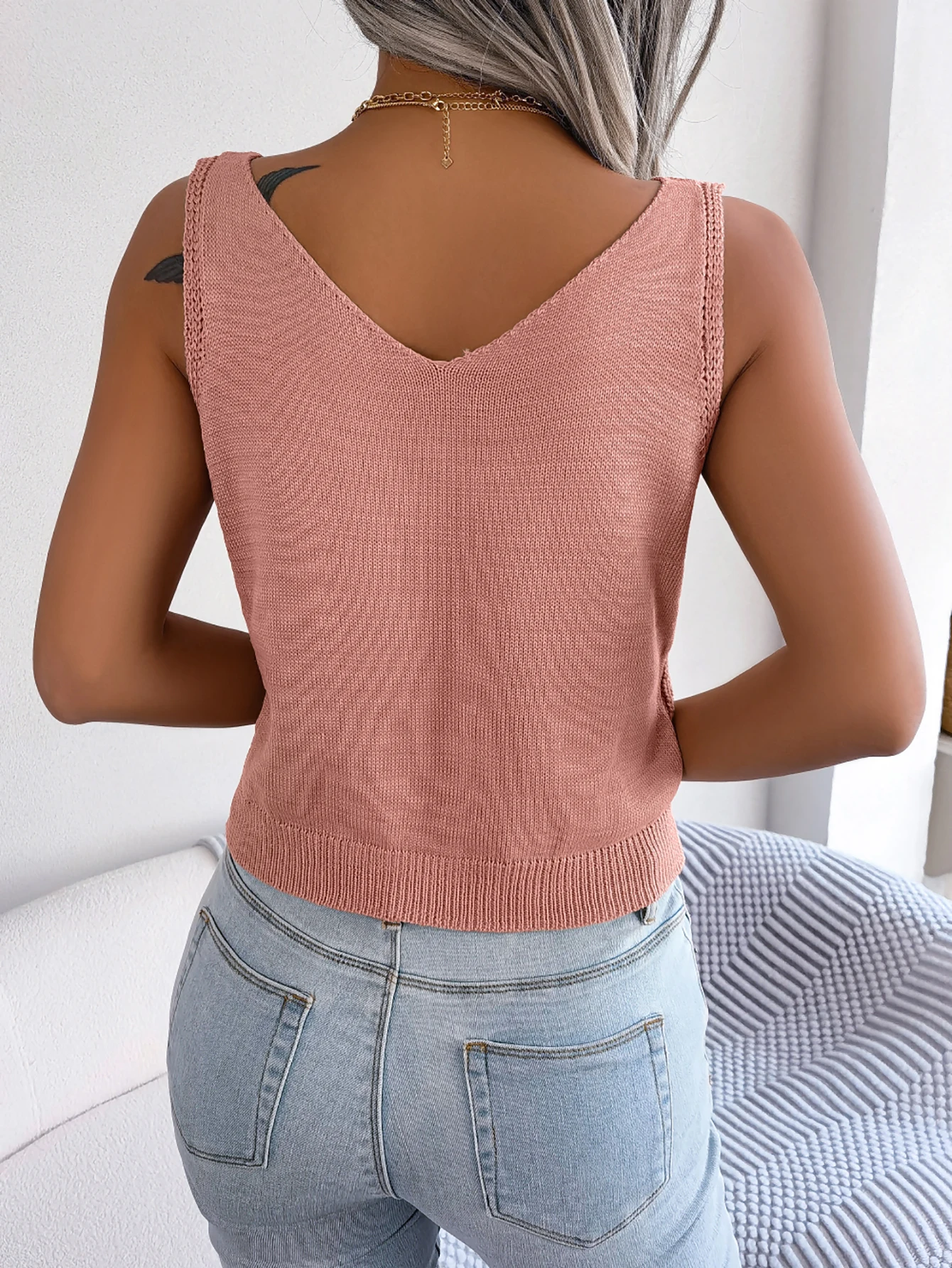 Knitted Vest V Neck Twist Buttons Sleeveless Women Tops
