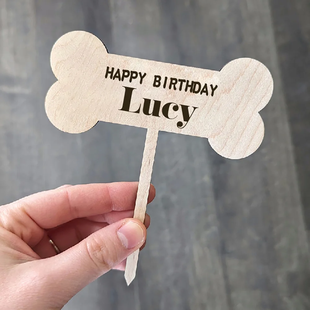Pet Memorial Garden Stake Dog Birthday Cake Topper Personalized Dog Bone Paw with Engraved Name for Loss or Birthday