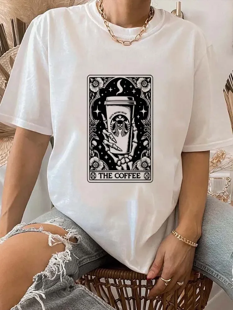

Футболка The Coffee Tarot с коротким рукавом и акварельным принтом, модная Универсальная футболка, Повседневная футболка с коротким рукавом и мультипликационным принтом в стиле ретро