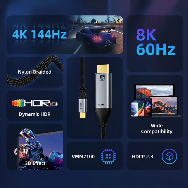 CABLETIME-USB C to HDMI ̺ 8K 60Hz HDR 4K 144Hz,  Ĩ HDCP 2.3 3D ȿ Ʈ HD Ʈ HDMI ̺ C388