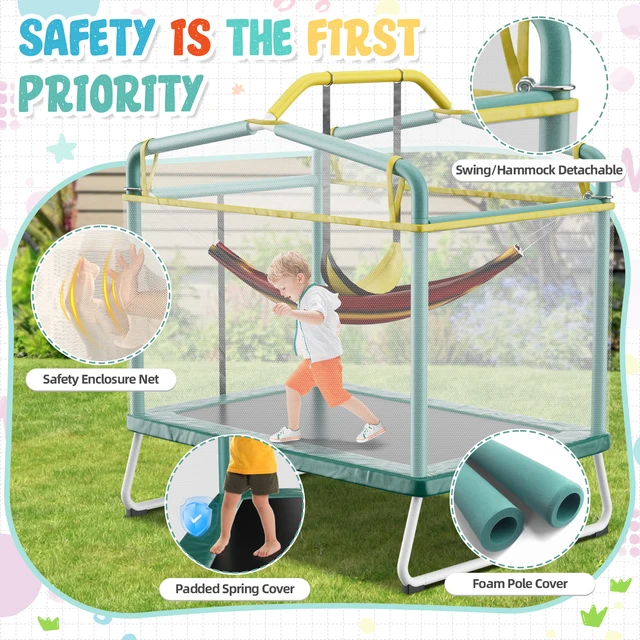 6FT Rectangle Trampoline for Small Spaces, 4-in-1 Kids Trampoline with Swing & Safety Enclosure Net, Ideal for Sensory Play & Indoor/Outdoor Use for Ages 3-8, ASTM Approved