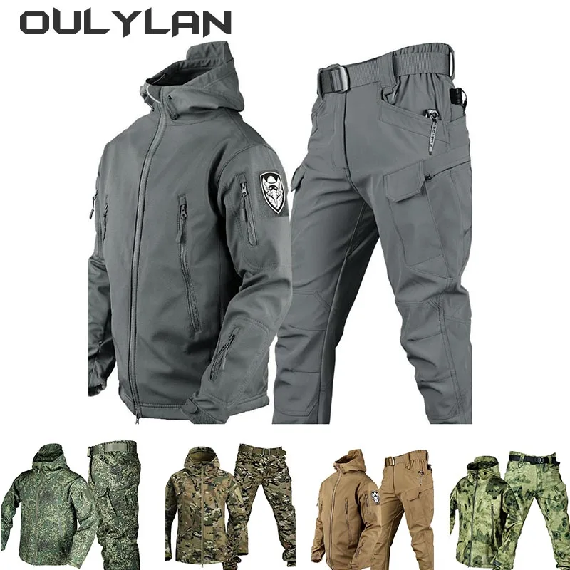 

Shark Skin Warmth Jackets Pants Set Men Tactical Camo Outdoor Jacket Trousers Autumn Winter Thicken Soft Shell Clothes