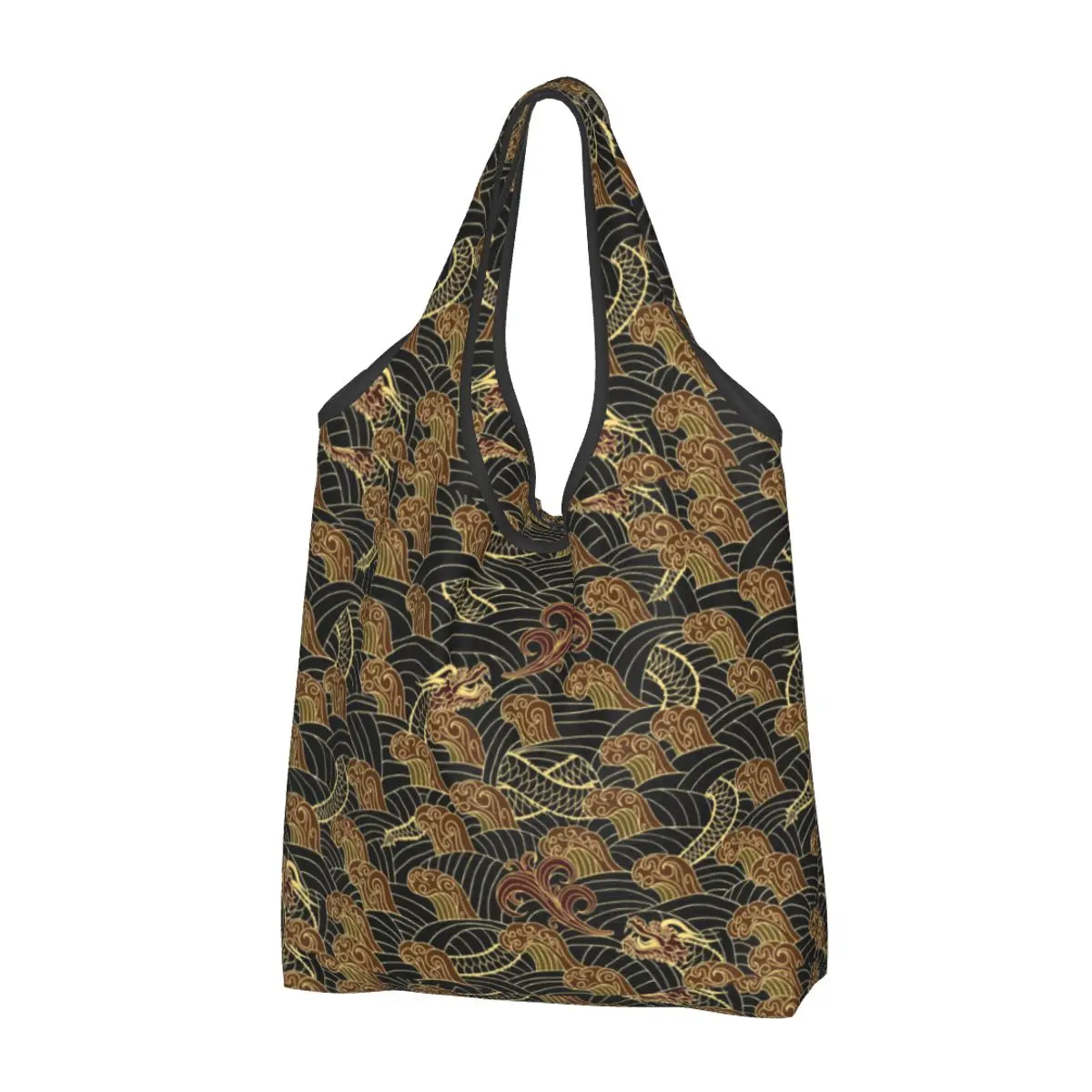 

Recycling Black And Gold Dragons Shopping Bag Women Tote Bag Portable Japanese Wave Grocery Shopper Bags