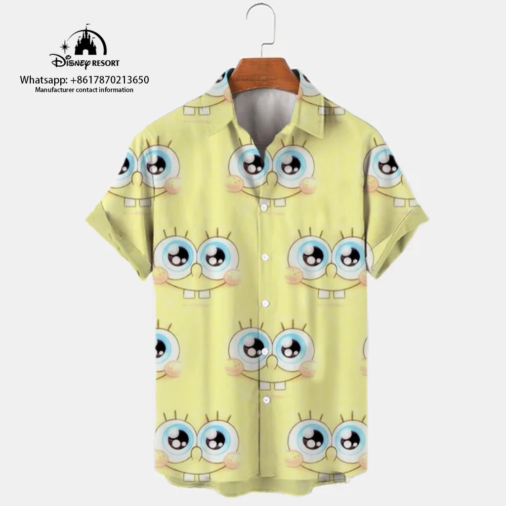2024 new Harajuku casual trend all-match shirt tops men's lapel short-sleeved single-breasted summer SpongeBob cartoon y2k 6