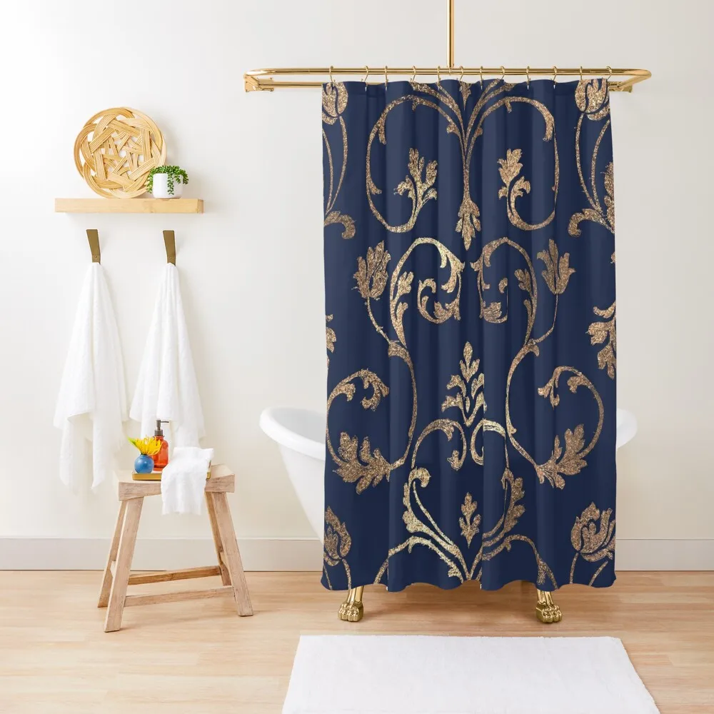 Elegant navy blue gold glitter floral damask Shower Curtain Waterproof Bathroom Shower Shower Bath Bathroom Fabric Curtain