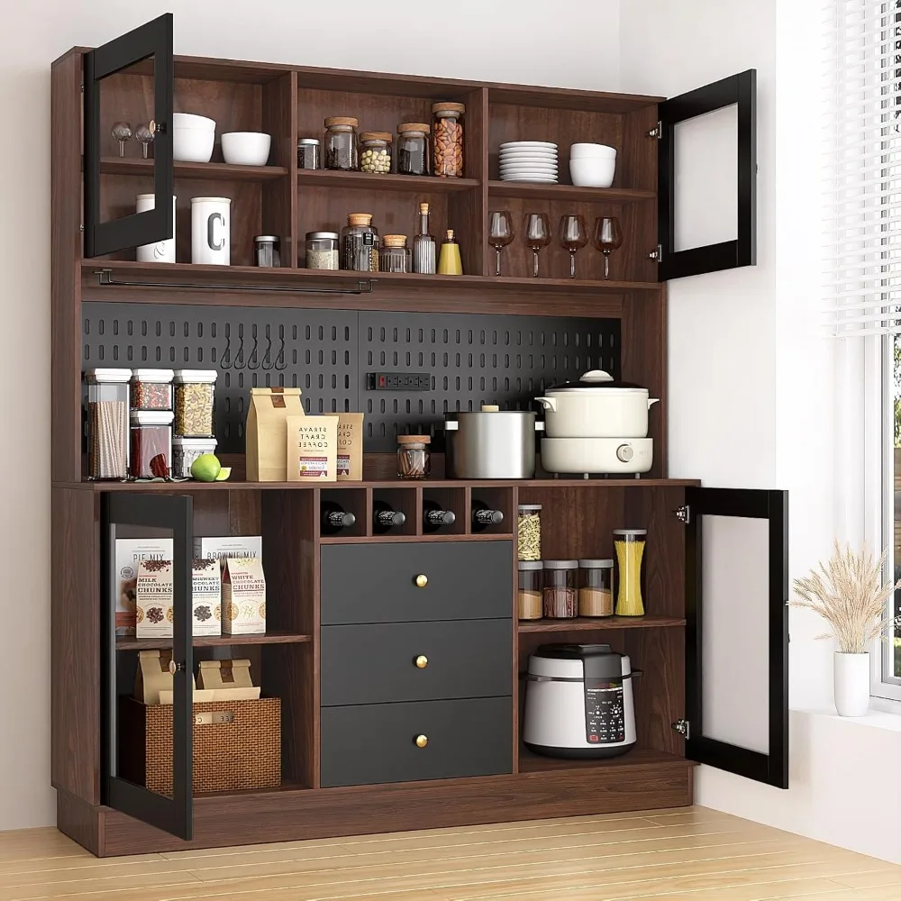 Kitchen Hutch Cabinet, Pantry Cabinet, Freestanding Buffet Hutch with Pegboard, Cup Holder, Power Outlet, 4 Doors & 3 Drawers, 4