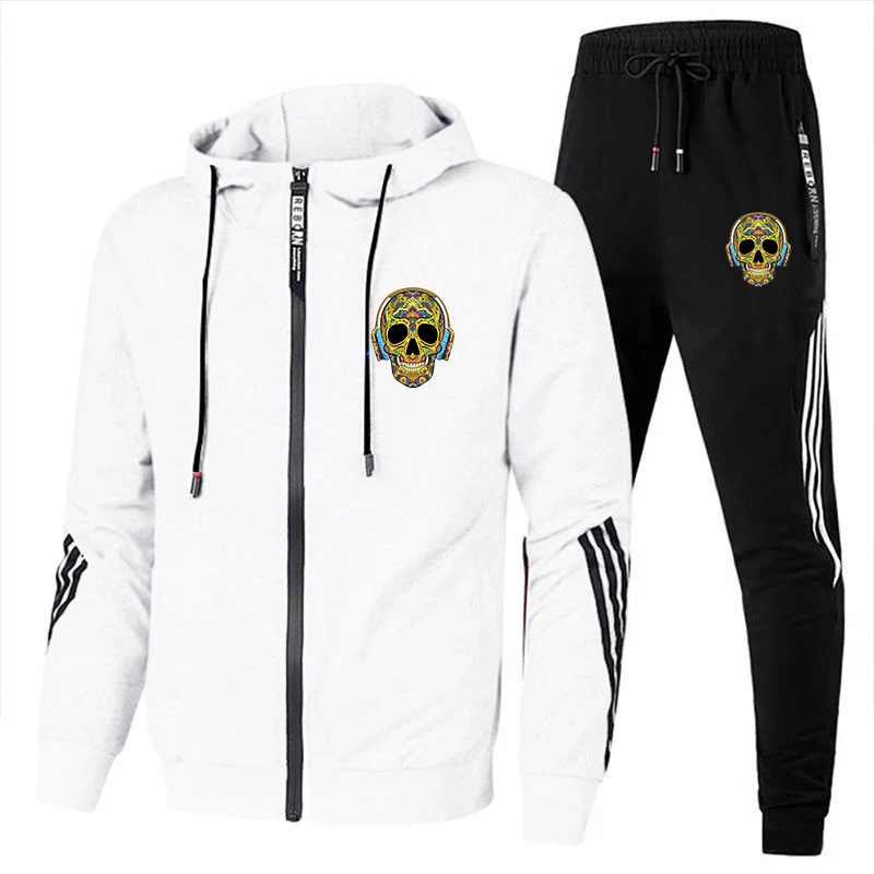 New Fashion 2023 Halloween Music Skull Sportswear Men's Sweatshirt Sweatpants Hoodie Casual Men's Clothing Zipper Hoodie Set