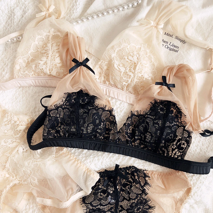 Bralette francés de encaje completo jóvenes, bragas ultrafinas, copa de conejo, ropa interior, lencería de puro deseo| | AliExpress