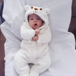 Adorable Bear Hooded Infant Romper Jumpsuit - Long Sleeve Playsuit One-Piece Outfit - 6-12M (White)