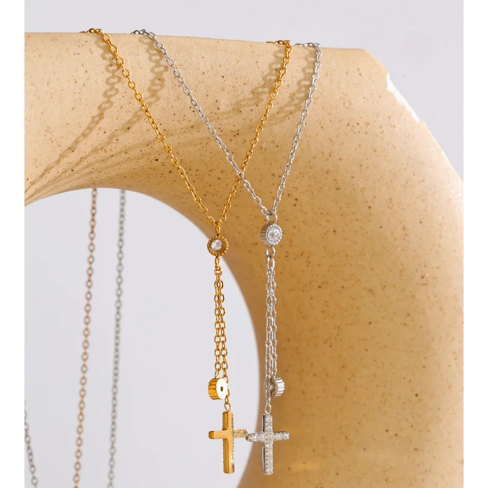 Yhpup CNC Cubic Zirconia Cross Extend Chain Drop Necklace