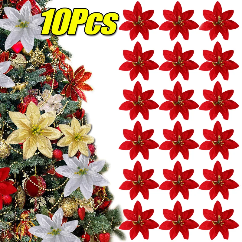 Description Picture 3 of item1/5/10Pcs Christmas Flowers Glitter Artificial Poinsettia Xmas Tree Ornaments DIY Garlands Home Wedding Party Decorations Gifts