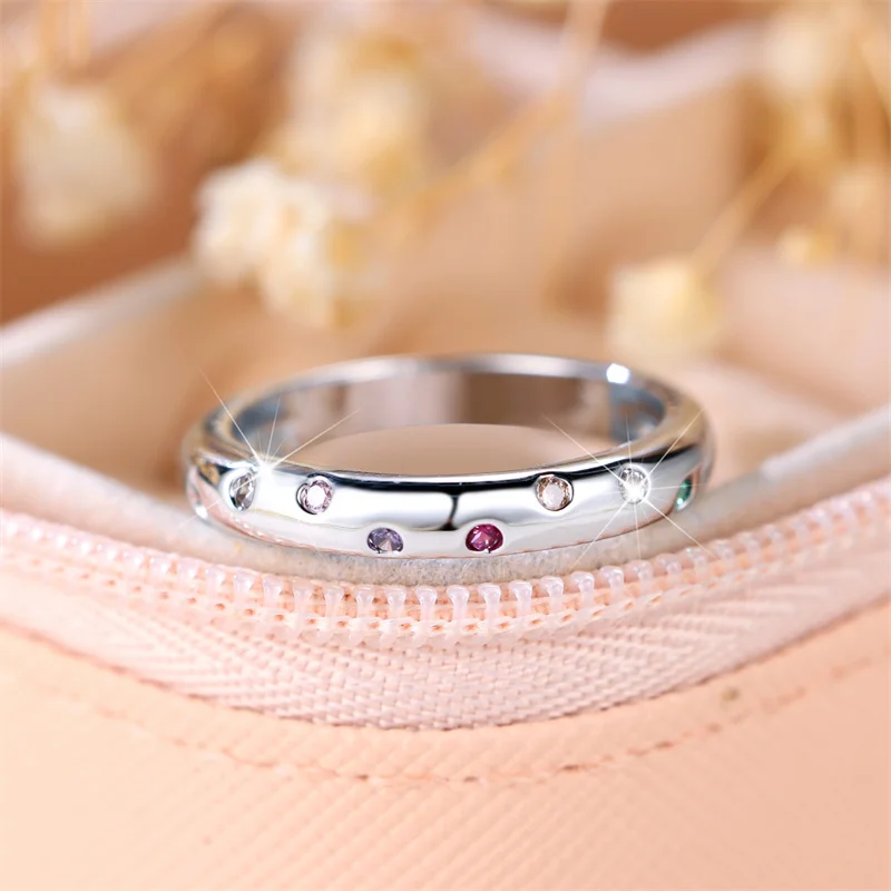 Cute Female Rainbow Zircon Stone Ring Trendy Silver Color Small Wedding Jewelry Gift For Women