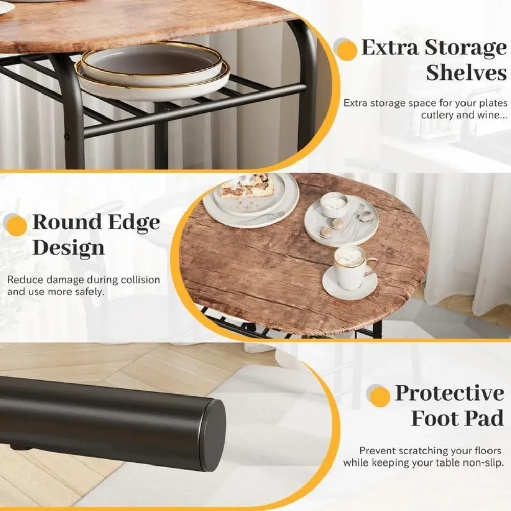 3-Piece Wooden Dining Table Set Kitchen Breakfast Nook Sets with 2 Chairs & Round Tabletop Space Saving Furniture Metal Frame