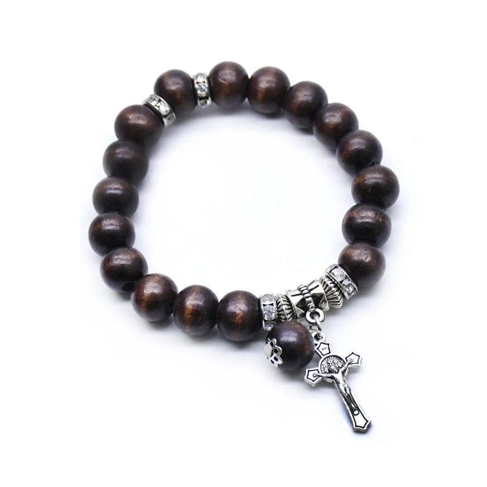 VintageCoffeeColoredWoodenBeadsChristianJesusCrossPendant