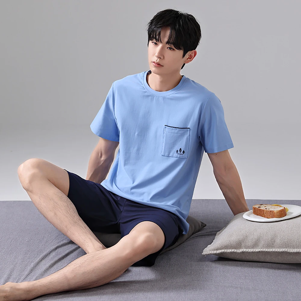 M-4XL Big Size Men's Pajamas Set 100% Cotton Summer Thin Short Sleeve Sleepwear Print Shorts Forest Style Casual Pijama Hombre