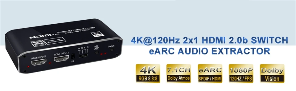 2x1 4K 120Hz HDMI Switch eARC Audio Extractor ARC Optical Toslink HDMI 2.0 Switch 4K 60Hz HDMI Switcher Fernbedienung für Apple TV PS4 – Detail 4