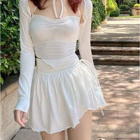 HOUZHOU Sexy Cute White Mini Skirt Women Drawstring Folds High Waist Irregular Ruffle Patchwork Fairycore Short Skirts Mori Girl - Image 2