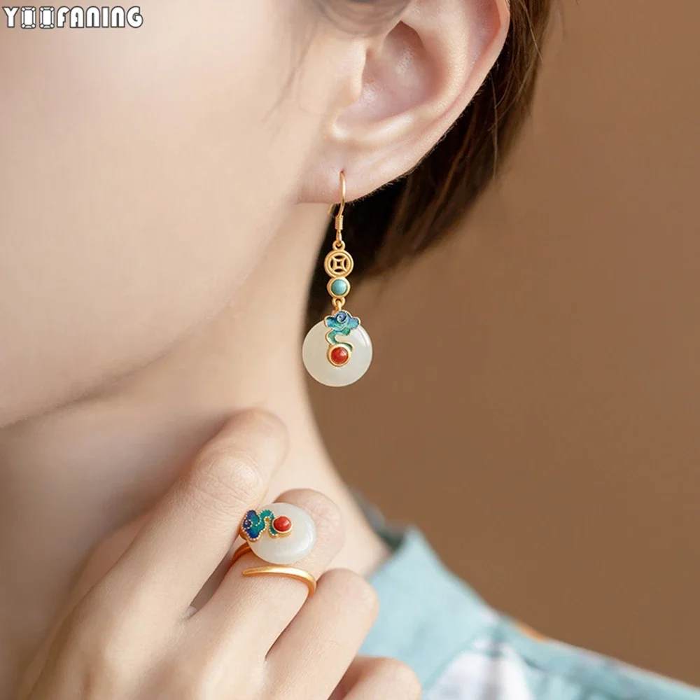 925 Sterling Silver Ear Needle Chinese Wind Hoop Earrings Pendant Jade Enamel Ancient Method Gold Earrings for Women Jewelry 5