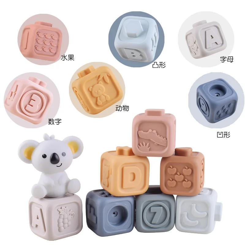 Montessori Baby Blocks Toy for Newborns 0 12 Months Silicone Soft Cubes for Babies Boy 1 Year Stacking Bath Toy Teethers Rattles 6