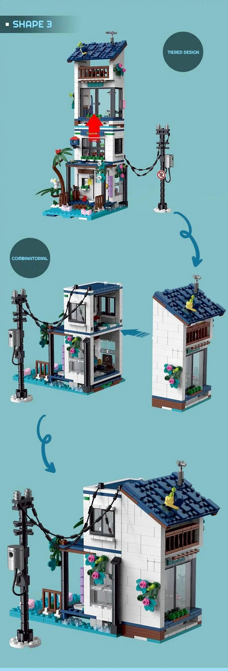 Klemmbausteine Haus Strandhaus 3-in-1 Architecture Häuser Bausteine Modell Bausatz, Stadthaus Architektur Gebäude House Modular Building Set für Erwachsene und Kinder 831 Teile – Detail 5