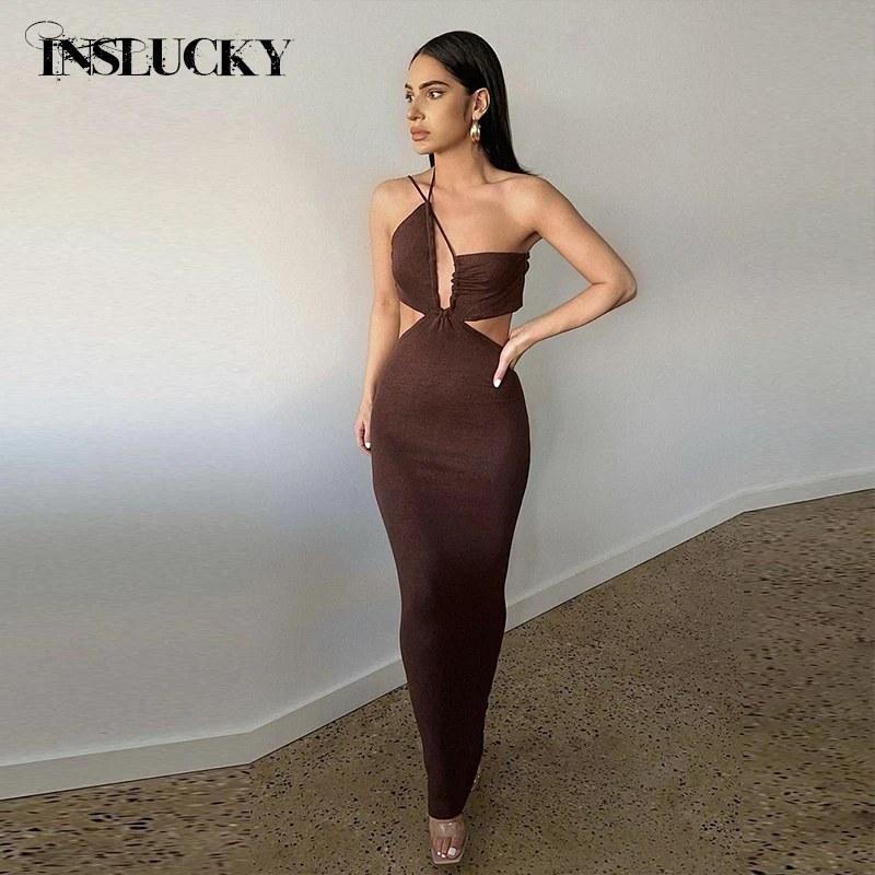 

InsLucky Sexy Backless Halter Neck Bandage Folds Slim Beach Dress For Women Spaghetti Strap Slim Bodycon Office Lady Dresses