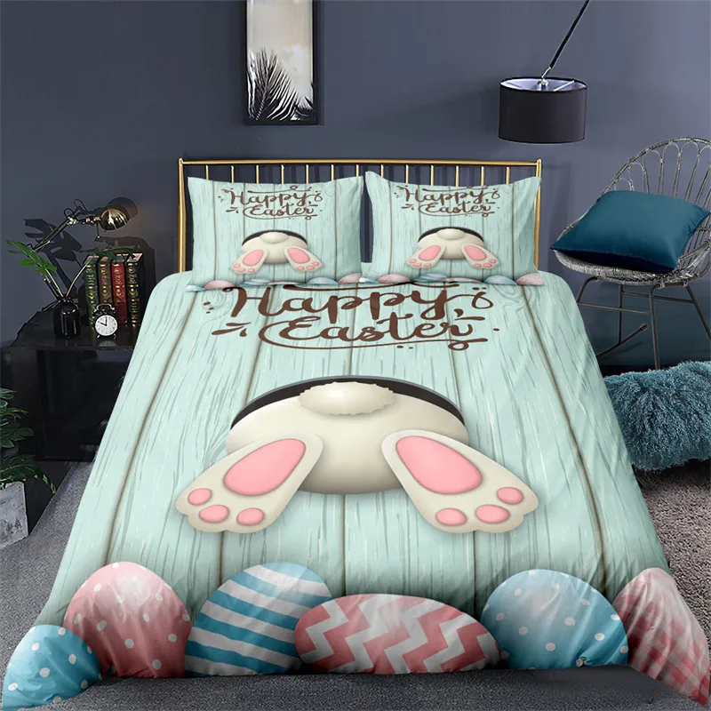 Soft Easter Eggs Bedding Set 3D Print Rabbit Cartoon Eggs Duvet Cover Polyester Pillowcase Greetings and Presents For Easter Day 