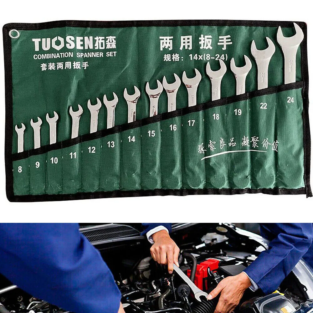 14PCS Spanner Set Metric Wrench Open Ring End CRV with Rolling Bag 8-24mm Tool