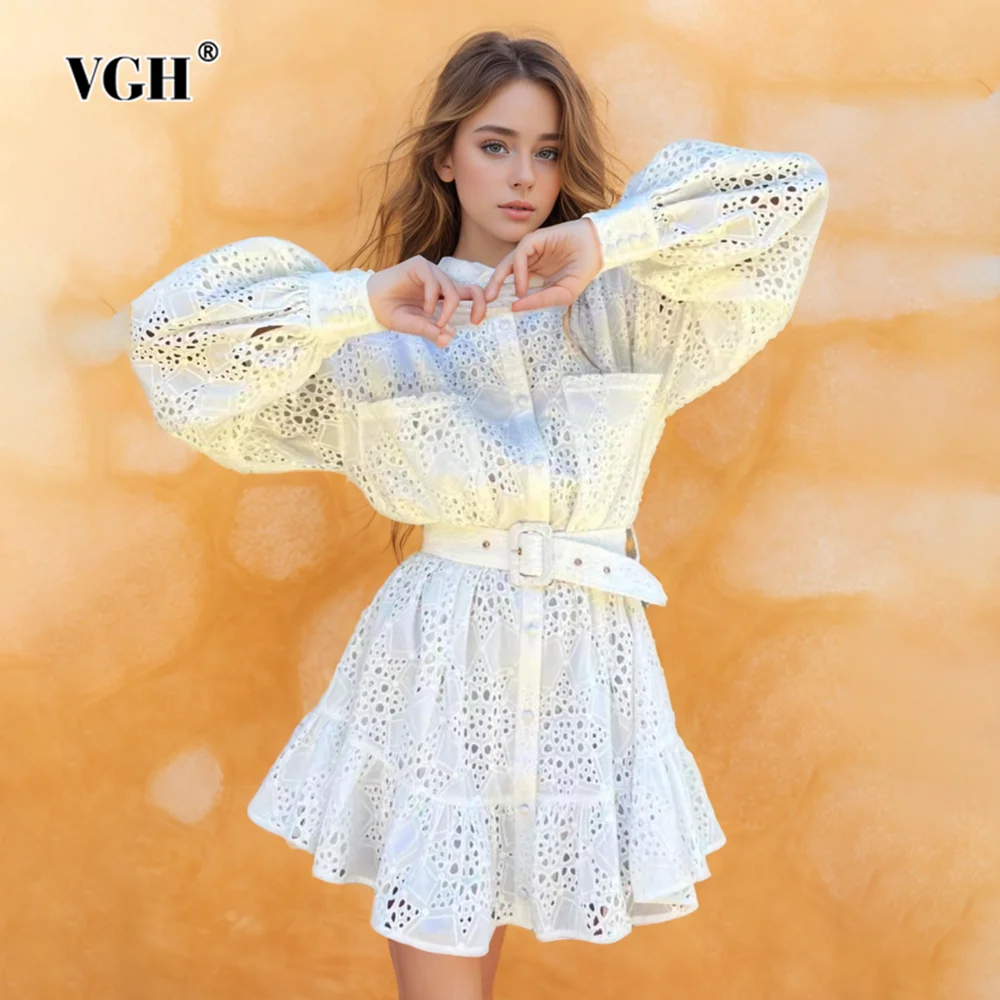 

VGH Solid Hollow Out Patchwork Belt Dresses For Women Lapel Lantern Sleeve High Waist Spliced Single Breasted Dress Female New
