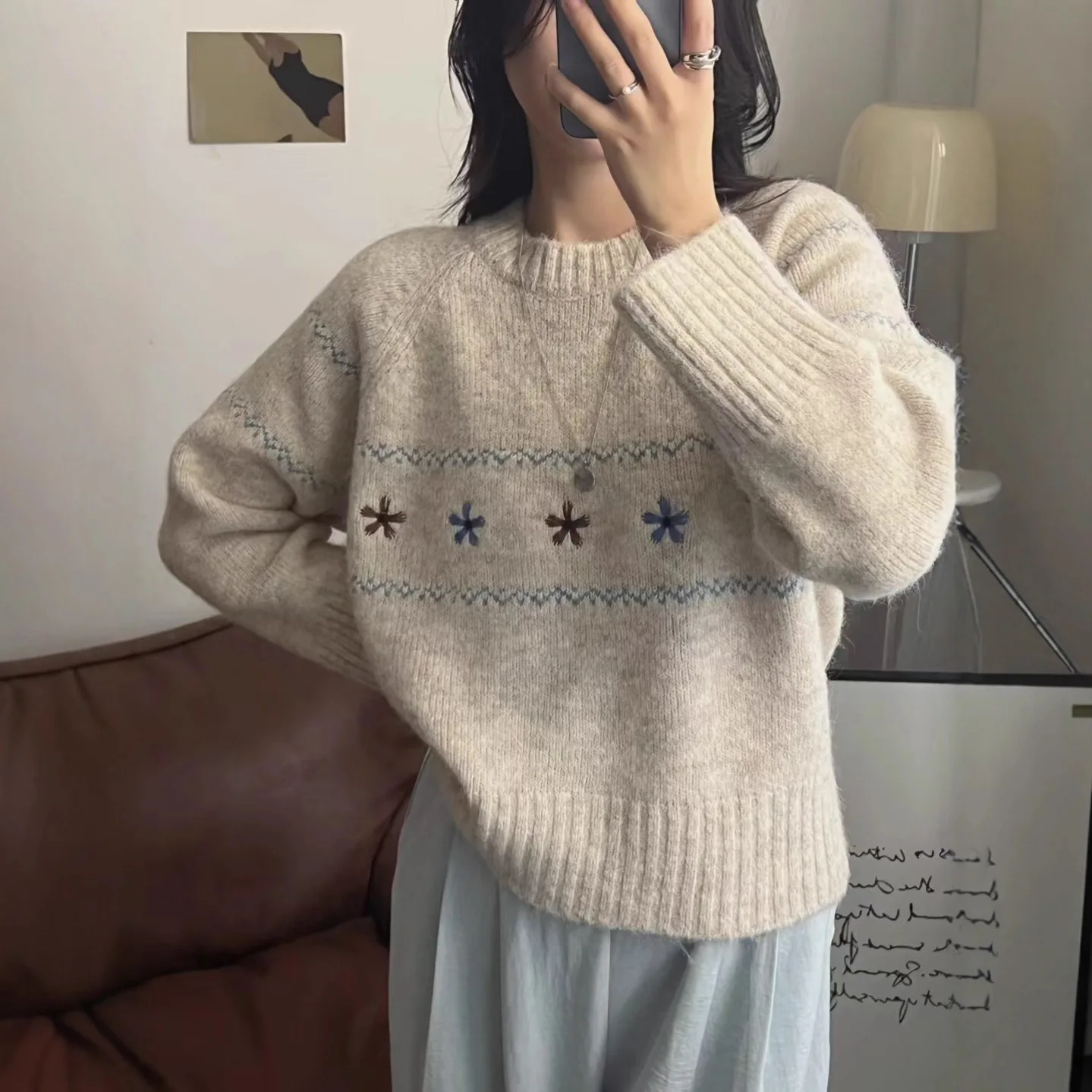 Women Floral Print Long Sleeve Sweater Casual Knitted Pullover