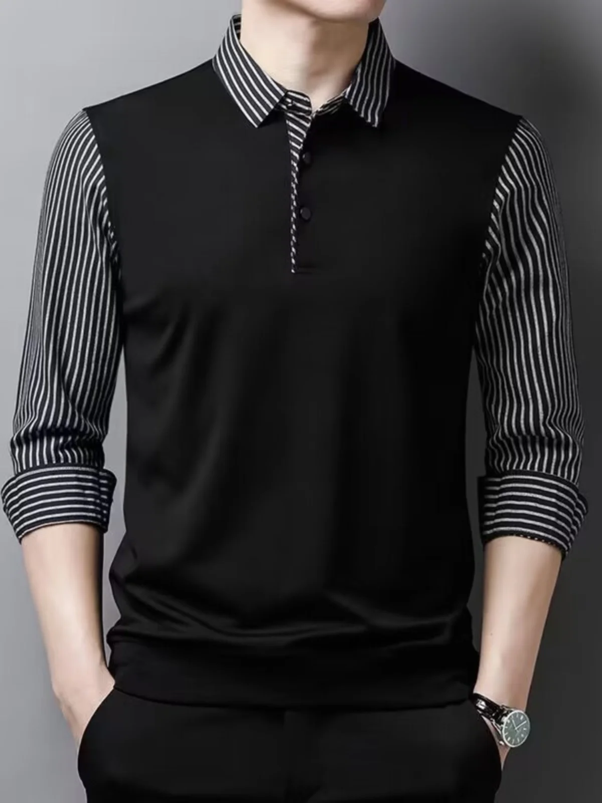 Men's Fce Lined Knitted Stripe irt Fake Two-Piece  Sweater Busin Casual Warm Base Layer Top for Autumn Winter