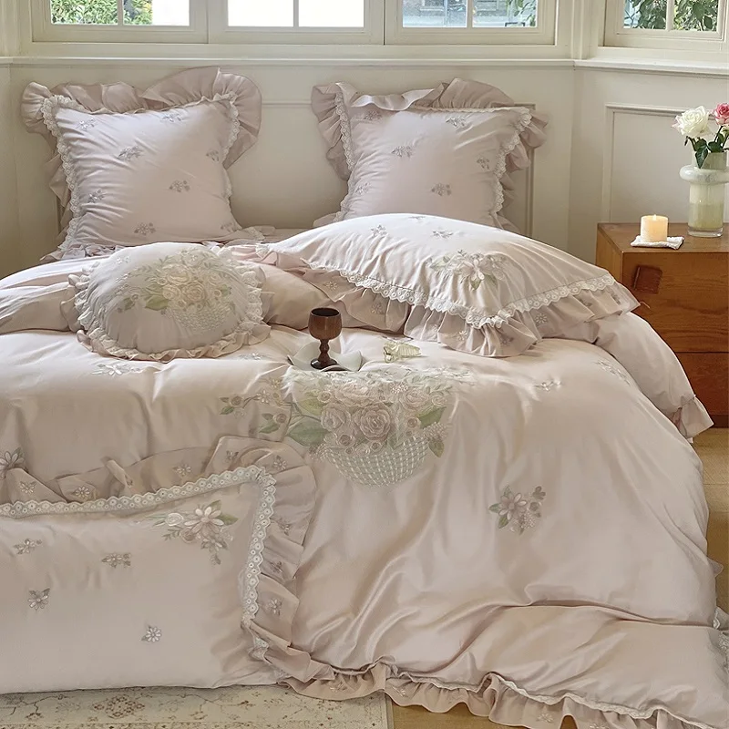 

French Romance 1000TC Egyptian Cotton Bedding Set with Vintage Rose Flowers Embroidery Lace Duvet Cover Bed Sheet Pillowcases