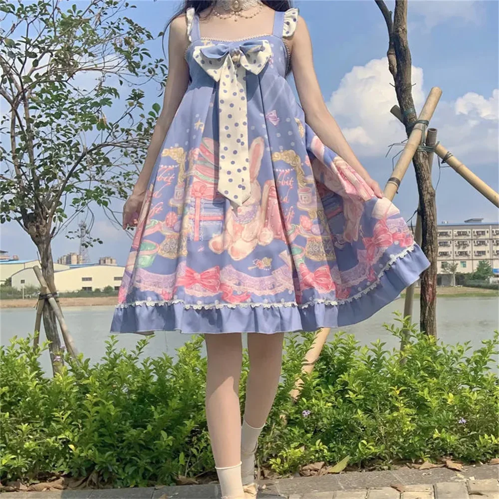 Cute Rabbit Printing Blue Wave Dot Bowknot Girls Sweet Lolita Dress Elegant Princess Vestidos Kawaii Loli Cosplay Lolita Jsk