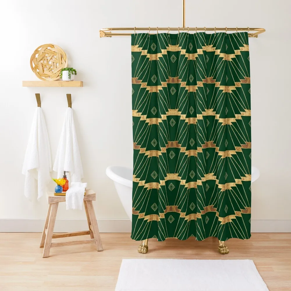 

Art Deco Geo // Green Stripe Shower Curtain Waterproof Shower And Anti-Mold For Bathroom Anti-Mold Waterproof Shower Curtain
