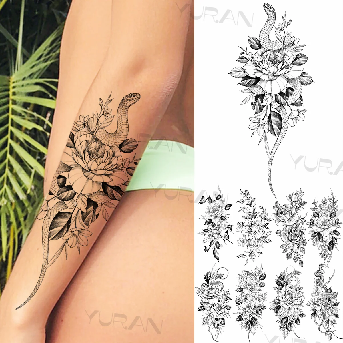 

Large Snake Flower Temporary Tattoos For Women Realistic Butterfly Flora Rose Fake Tattoo Sticker Forearm Waist Tatoos Creative