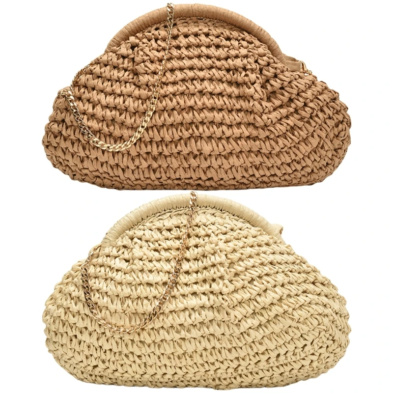 Trendy Straw Dumpling Clutch Beach Woven Handbag Casual Evening Purse Women's Crossbody Shoulder Bag With Ample Space