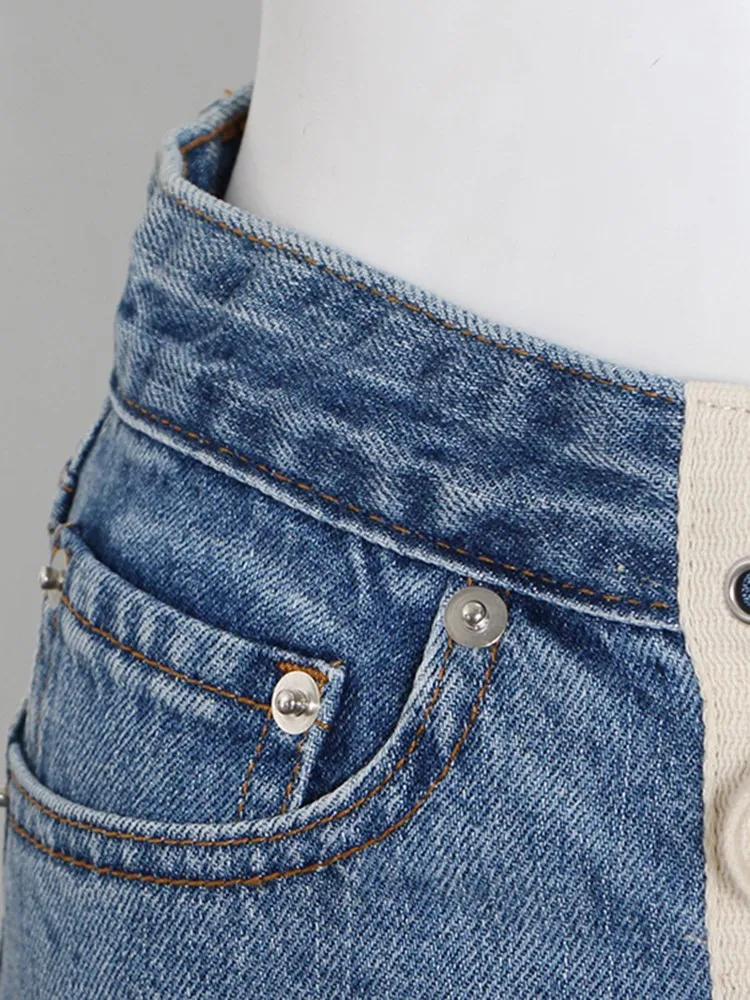 KBQ Irregular Spliced Drawstring Denim Shorts For Women High Waist patchwork raw hem Streetwear Trousers Female Fashion summer