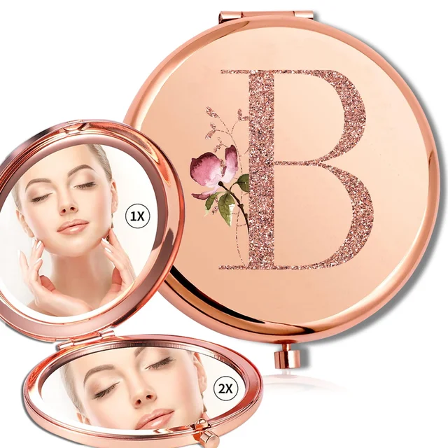 Miroir rond de maquillage grossissant Double face en métal, cosmétique, aspect Portable, verre, Compact, motif de lettres en or Rose 5