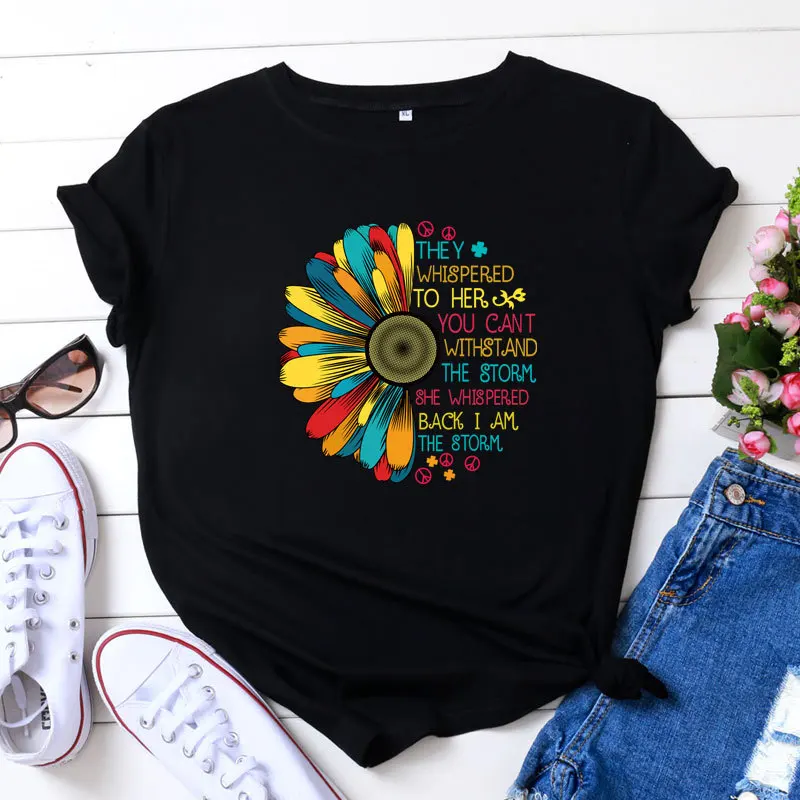 

Colorful Half Sunflower Letter Print Women T Shirt Short Sleeve O Neck Loose Women Tshirt Ladies Tee Shirt Tops Camisetas Mujer