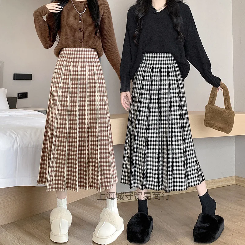 

2023 Autumn Winter New Arrival Plaid Pleated Knit Midi Skirt Woolen A line Skirt Flared Skirt Houndstooth Half Skirt