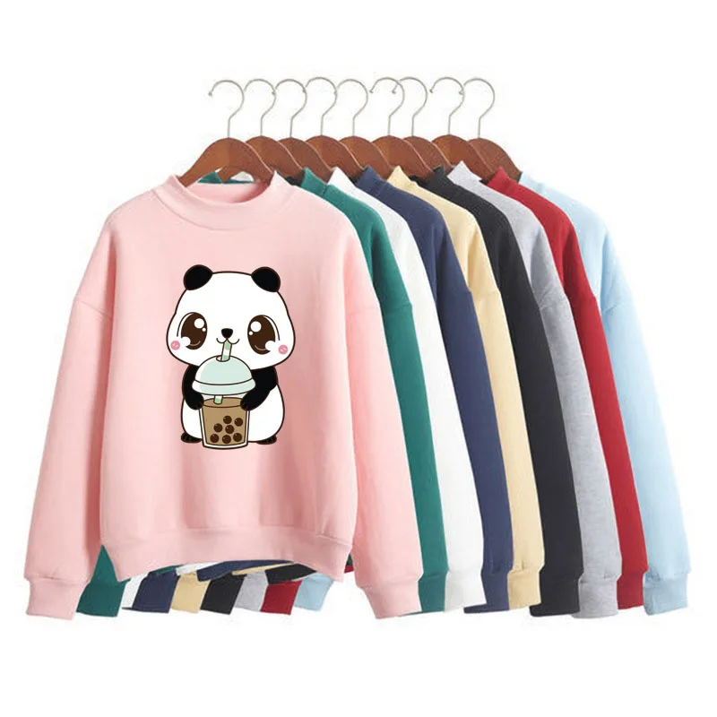 

Little Panda Drinking Milk Tea Print Women Sweatshirt Korean O-neck Knitted Pullover Thick Autumn Candy Color Lady Clothing