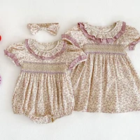 Vêtements d'été pour petites filles, manches courtes, en dentelle, à fleurs, en coton, barboteuse, robe de princesse, tenue assortie pour sœur, nouvelle collection 4