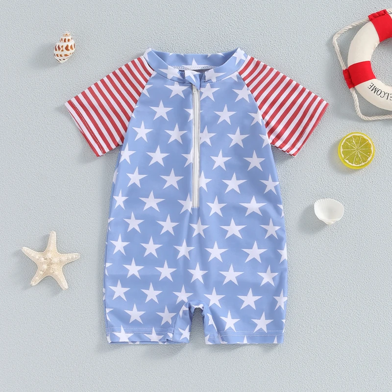 -04-01 Lioraitiin Independence Days Baby Boys Swimwear Patchwork Short Sleeve Star Stripe Print Zipper Swimsuit Beachwear