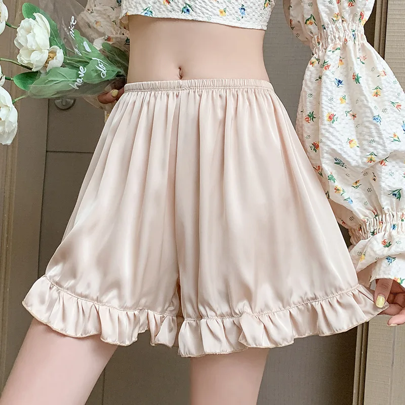 Satin Ice Silk Ruffle Short Pants Women's Summer Loose Home Safety Pants Under Skirt Seamless Sexy Underwear Breath Cool Shorts safety shorts,safety pants