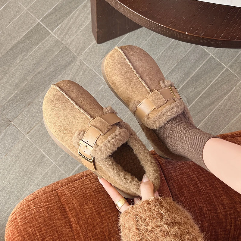 Aphixta Winter Warm Snow Boots Metal Buckle Cow Suede Upper Furry Shoes For Woman 3cm Flat With Boot Round Toe Slip On Footwear