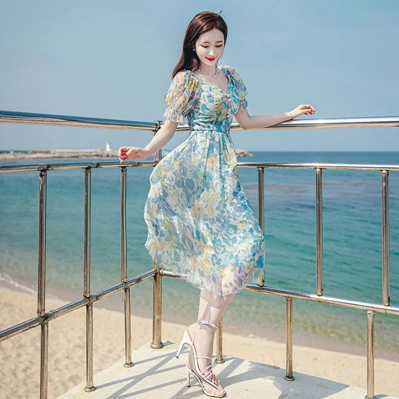 

Gentle Wind Waist Wrapped Large Swing Chiffon Dresses for Women 2023 Summer New Fashion Temperament Beach Holiday Long Dress