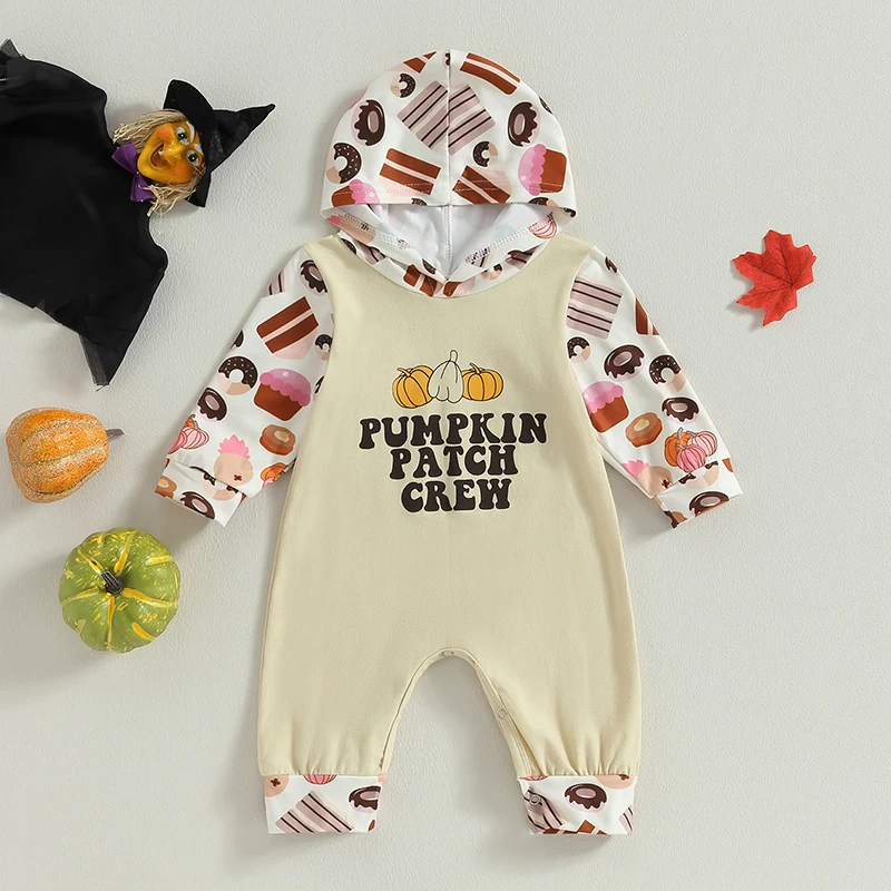 

2023-07-02 Lioraitiin 0-24M Infant Baby Boy Girl Halloween Jumpsuit Cartoon Pumpkin & Letter & Biscuits Print Hood Romper