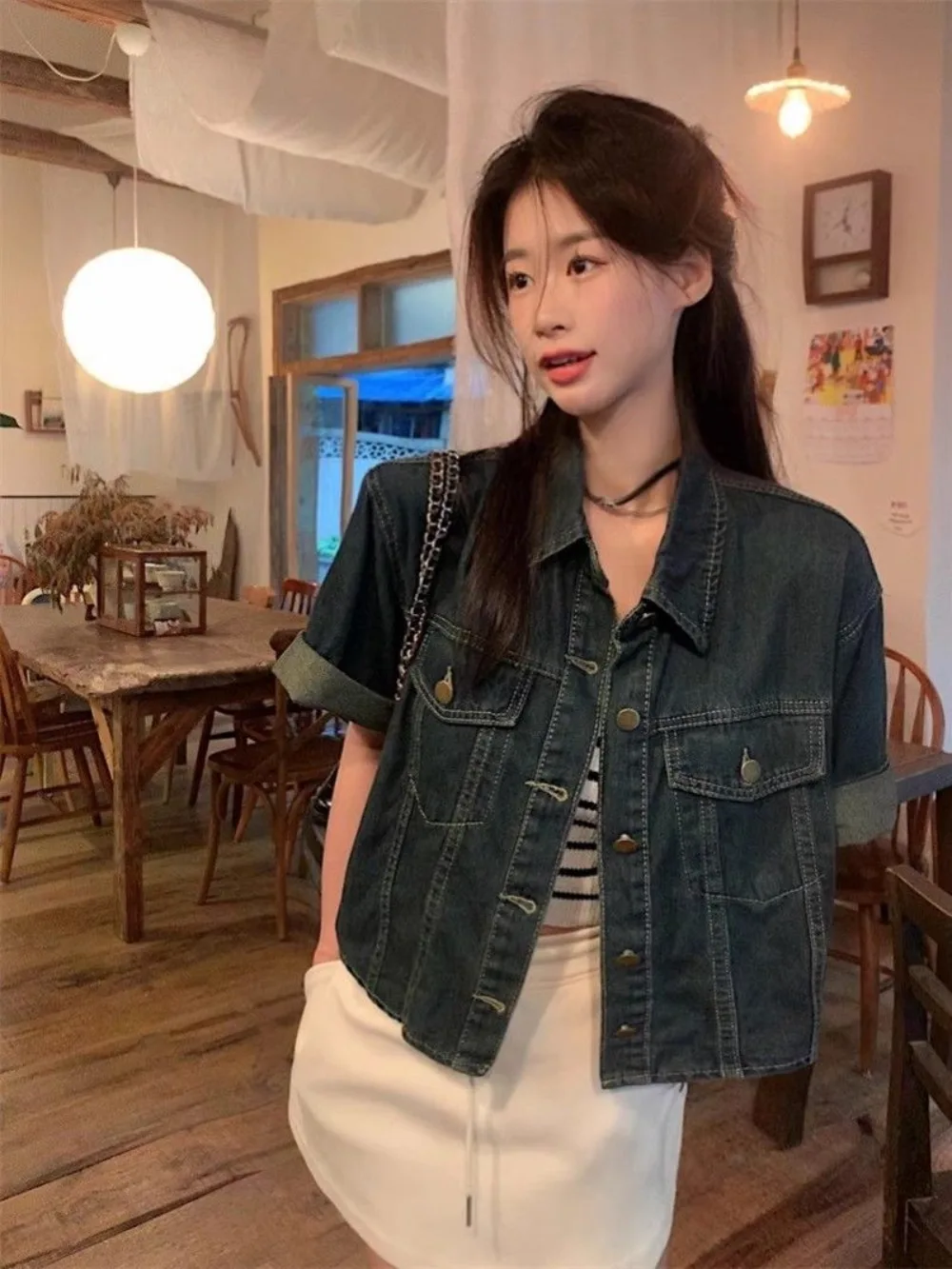 

Lapel short denim short jacket female summer design sense of hundred short-sleeved cardigan top niche retro 2024