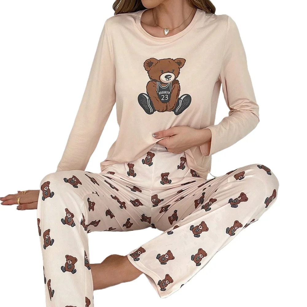 thumbnail image 1 of Pijamas con estampado de oso para mujer, ropa de dormir de manga larga, pantalones completos, ropa de dormir de seda de leche, cuello redondo, ropa de casa, otoño e invierno, nuevo, 1 of 5