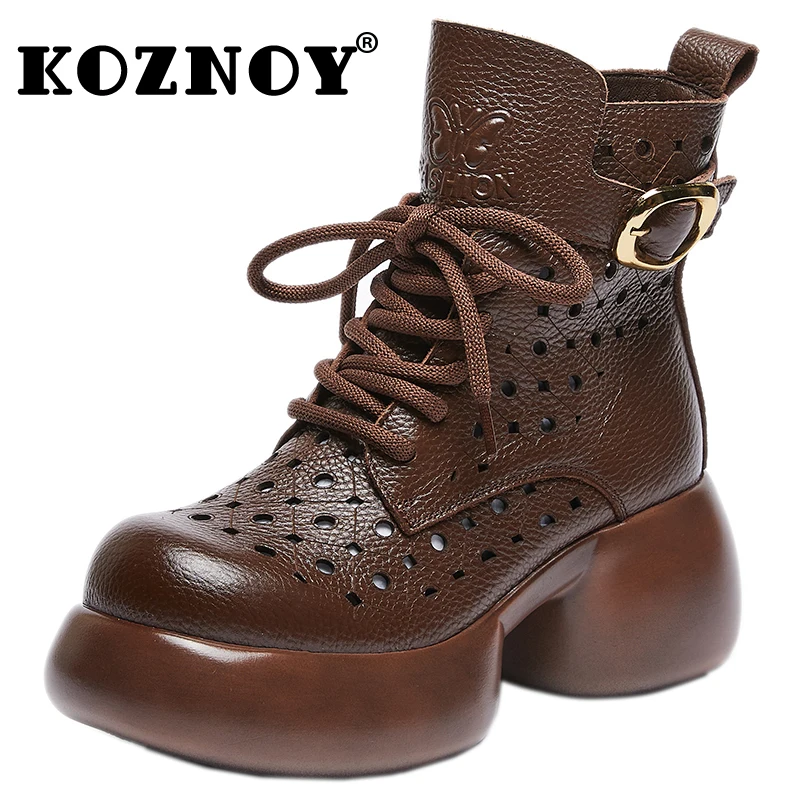 

Koznoy 7cm Motorcycle Boots Openwork Woman Boot Ankle Breathable Summer Genuine Leather Hollow Moccasins Fashion Sandals Shoes