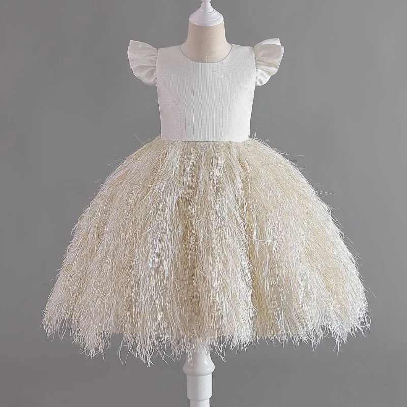 

Summer Girl's New Style Small Flying Sleeve Solid Color Bow Fur Skirt Hem Fluffy Skirt Wedding Flower Girl Birthday Party Dress